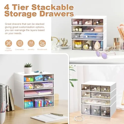 Desk Aufbewahrungsbox mit 9 Schubladen, 4 Lagen stapelbare Lagerung Schubladen für Schreibtisch Lagerung, Klare Veranstalter Anzug für Schreibwaren Make-up Schmuck Büro Craft Supplies(Weiß)