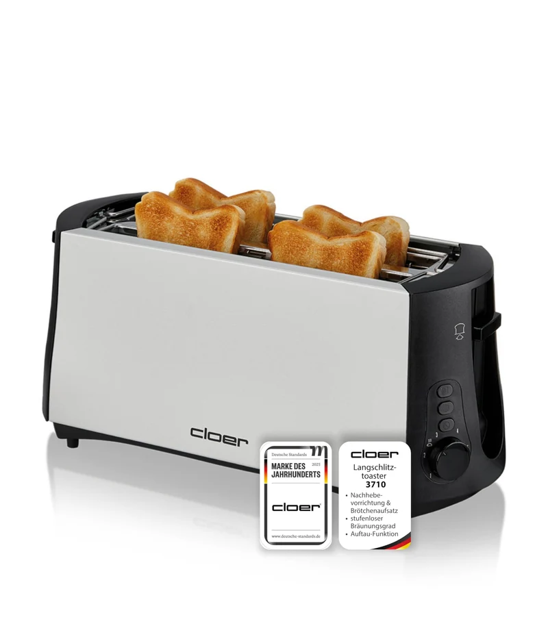 Cloer 3710 Langschlitztoaster für 4 Toastscheiben, Toaster mit Brötchenaufsatz, Nachhebevorrichtung, stufenlosem Bräunungsgrad, Sicherheitsabschaltung, Auftau-Funktion und Krümelschublade, 1380 W