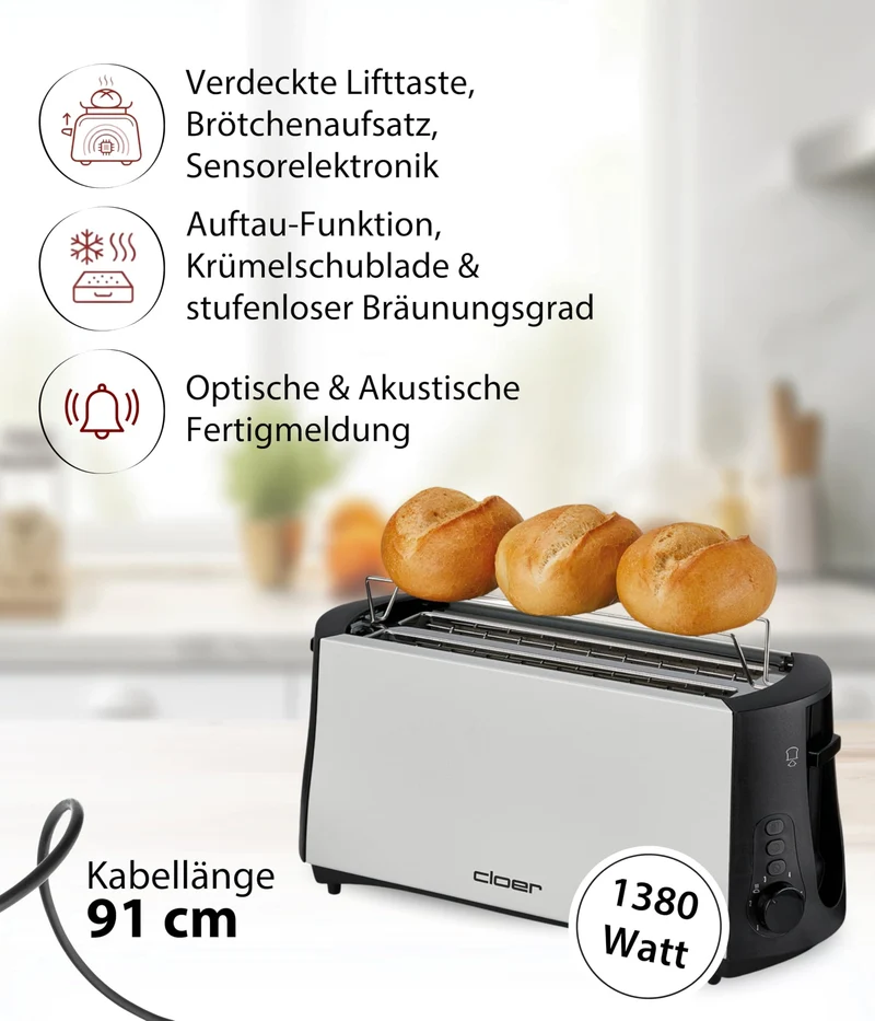 Cloer 3710 Langschlitztoaster für 4 Toastscheiben, Toaster mit Brötchenaufsatz, Nachhebevorrichtung, stufenlosem Bräunungsgrad, Sicherheitsabschaltung, Auftau-Funktion und Krümelschublade, 1380 W