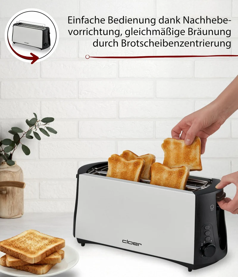 Cloer 3710 Langschlitztoaster für 4 Toastscheiben, Toaster mit Brötchenaufsatz, Nachhebevorrichtung, stufenlosem Bräunungsgrad, Sicherheitsabschaltung, Auftau-Funktion und Krümelschublade, 1380 W