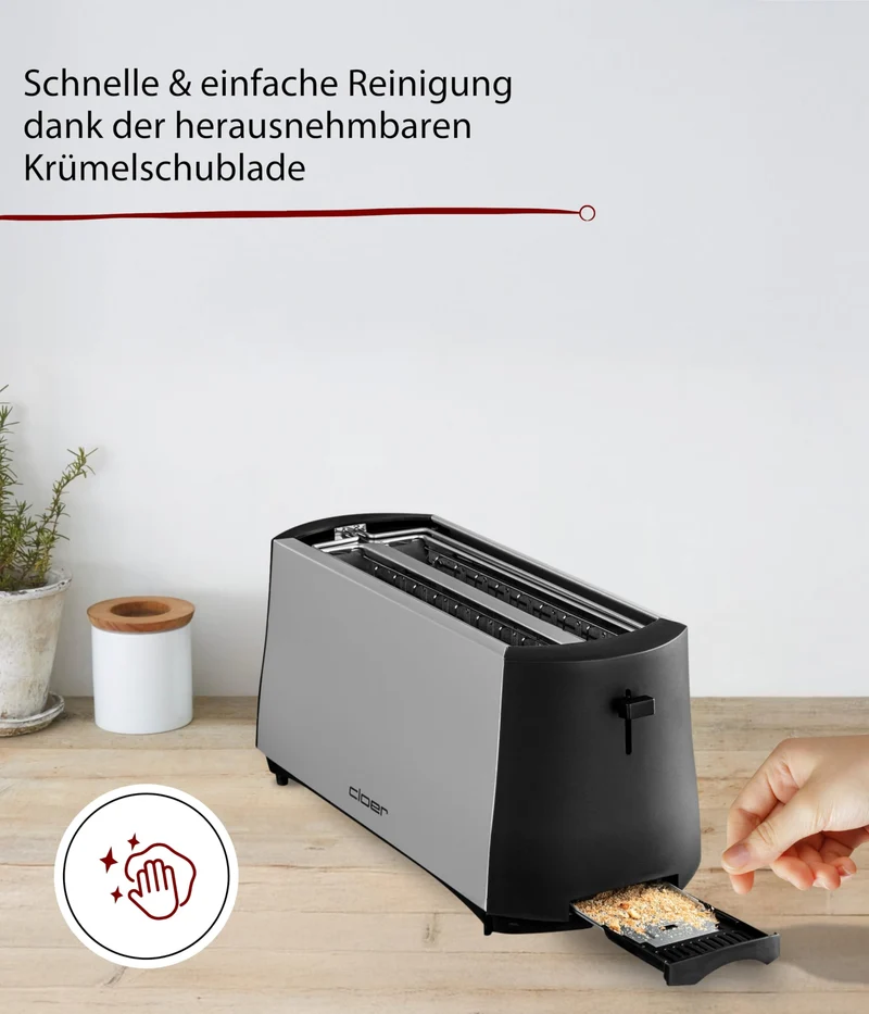 Cloer 3710 Langschlitztoaster für 4 Toastscheiben, Toaster mit Brötchenaufsatz, Nachhebevorrichtung, stufenlosem Bräunungsgrad, Sicherheitsabschaltung, Auftau-Funktion und Krümelschublade, 1380 W
