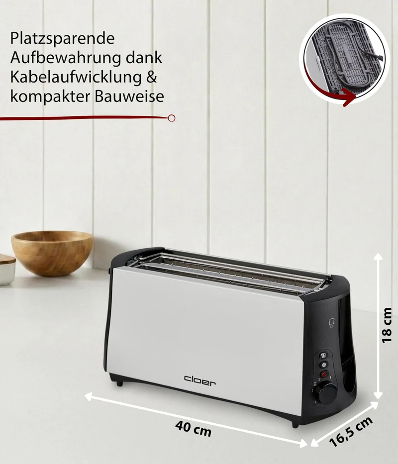 Cloer 3710 Langschlitztoaster für 4 Toastscheiben, Toaster mit Brötchenaufsatz, Nachhebevorrichtung, stufenlosem Bräunungsgrad, Sicherheitsabschaltung, Auftau-Funktion und Krümelschublade, 1380 W