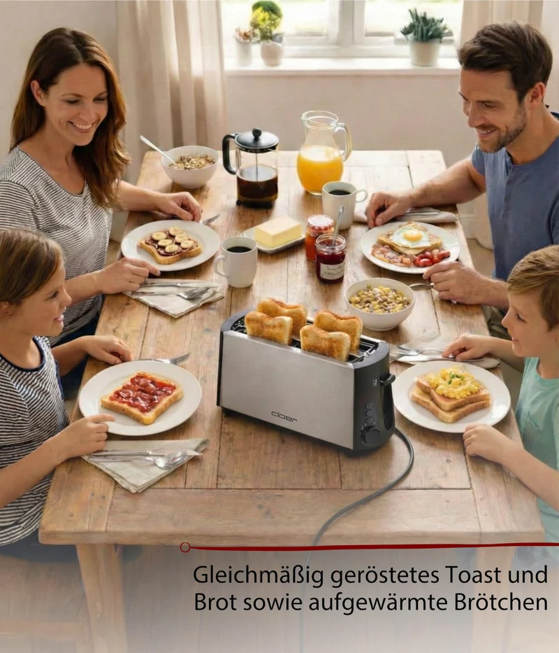 Cloer 3710 Langschlitztoaster für 4 Toastscheiben, Toaster mit Brötchenaufsatz, Nachhebevorrichtung, stufenlosem Bräunungsgrad, Sicherheitsabschaltung, Auftau-Funktion und Krümelschublade, 1380 W