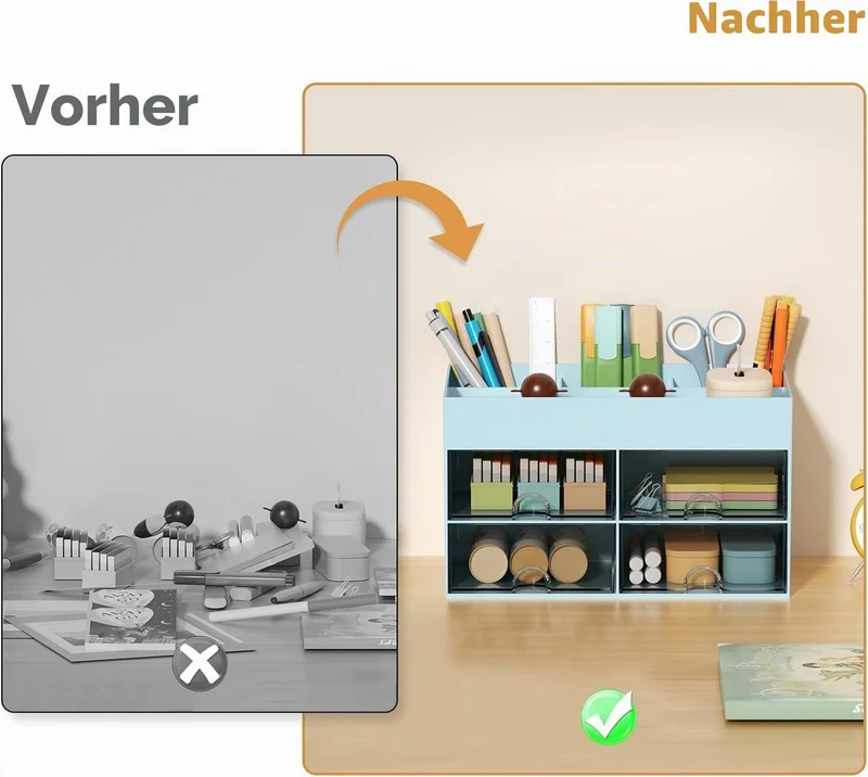 KAHEIGN Schreibtisch Organizer mit 4 Fächern und 4 Schubladen, 19x14cm Multifunktionale Utensilienschalen Stiftehalter, ideal für Schreibtisch Büro Organisation oder Make-up-Organizer
