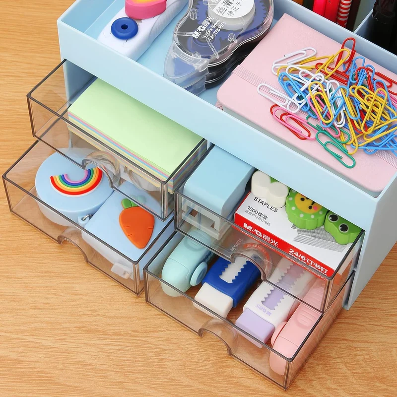 KAHEIGN Schreibtisch Organizer mit 4 Fächern und 4 Schubladen, 19x14cm Multifunktionale Utensilienschalen Stiftehalter, ideal für Schreibtisch Büro Organisation oder Make-up-Organizer
