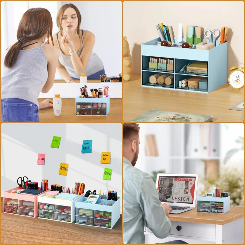KAHEIGN Schreibtisch Organizer mit 4 Fächern und 4 Schubladen, 19x14cm Multifunktionale Utensilienschalen Stiftehalter, ideal für Schreibtisch Büro Organisation oder Make-up-Organizer
