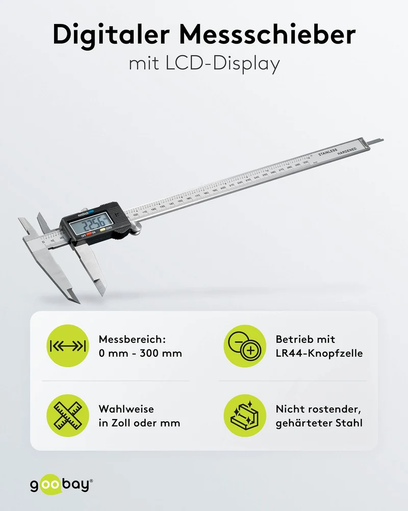 Goobay 77139 Messschieber digital 0 - 300 mm / Elektrische Schieblehre digital 12 Zoll / Für Tiefen-, Außen- & Stufenmessung / Mit LCD Display / Rostfreier Edelstahl