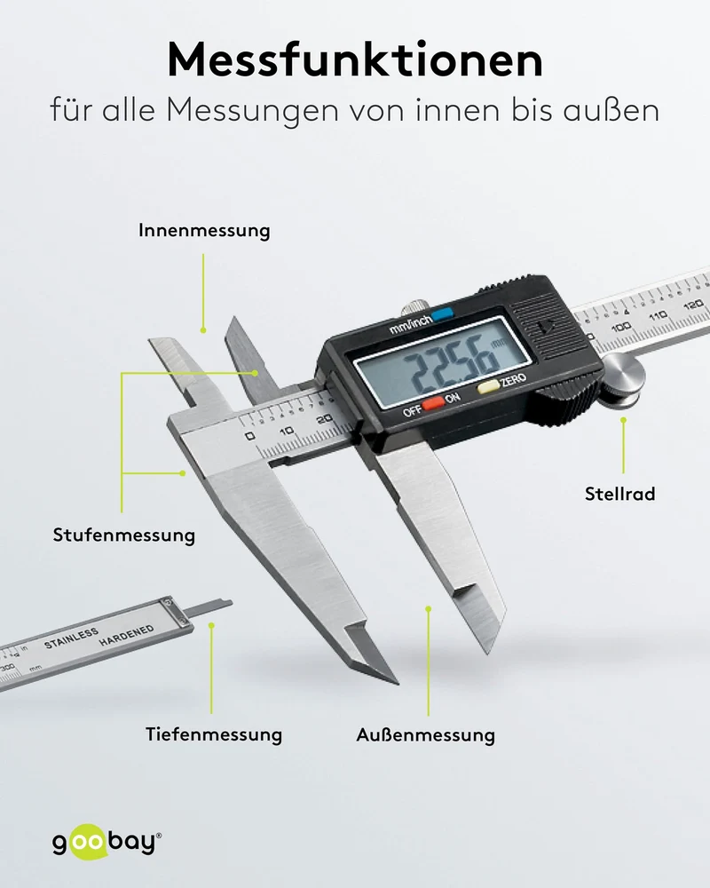 Goobay 77139 Messschieber digital 0 - 300 mm / Elektrische Schieblehre digital 12 Zoll / Für Tiefen-, Außen- & Stufenmessung / Mit LCD Display / Rostfreier Edelstahl