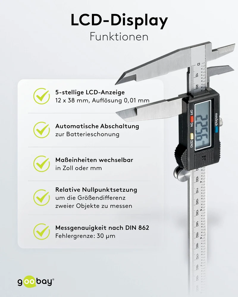 Goobay 77139 Messschieber digital 0 - 300 mm / Elektrische Schieblehre digital 12 Zoll / Für Tiefen-, Außen- & Stufenmessung / Mit LCD Display / Rostfreier Edelstahl
