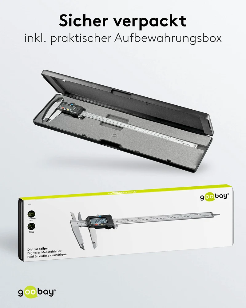 Goobay 77139 Messschieber digital 0 - 300 mm / Elektrische Schieblehre digital 12 Zoll / Für Tiefen-, Außen- & Stufenmessung / Mit LCD Display / Rostfreier Edelstahl