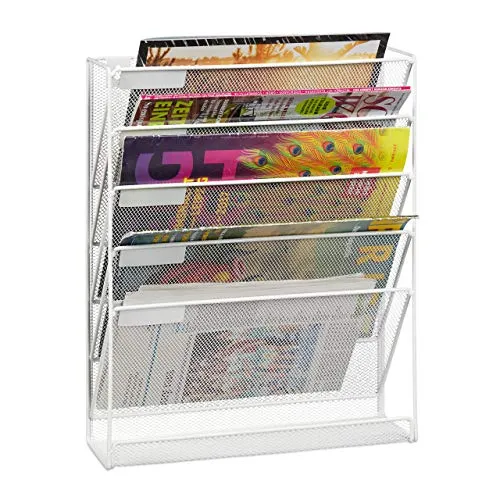 Relaxdays Zeitschriftenhalter Wand, A4-Querformat, 5 Fächer, Metall, weiß