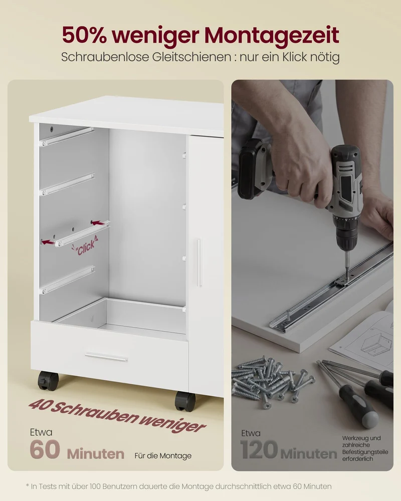 VASAGLE Rollcontainer mit 5 Schubladen, schraubenlosen Gleitschienen
