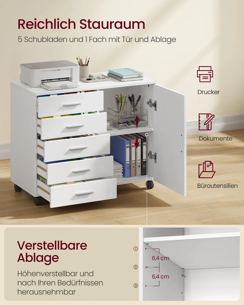 VASAGLE Rollcontainer mit 5 Schubladen, schraubenlosen Gleitschienen