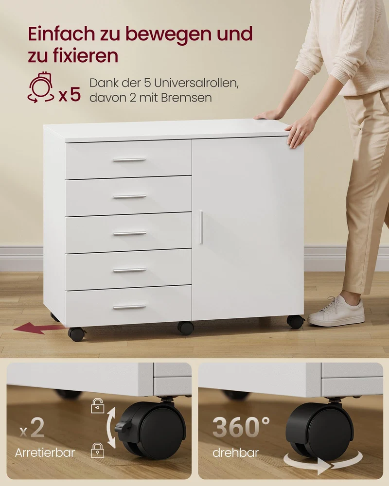 VASAGLE Rollcontainer mit 5 Schubladen, schraubenlosen Gleitschienen