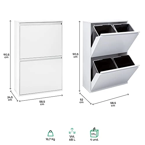 ARREGUI Basic CR601-B Mülltrennsystem aus Stahl | 4 Fächer Mülleimer für die Küche | 4 Fach Abfalleimer | 4x17L (68L) | Herausnehmbare Inneneimer mit Griff | Recycling Schrank für Mülltrennung | weiß