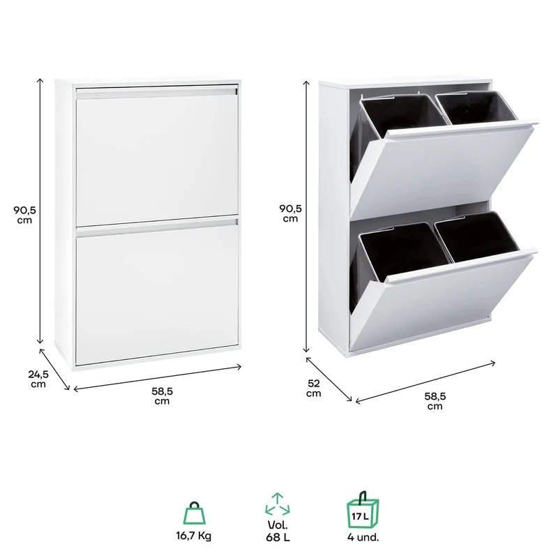 ARREGUI Basic CR601-B Mülltrennsystem aus Stahl | 4 Fächer Mülleimer für die Küche | 4 Fach Abfalleimer | 4x17L (68L) | Herausnehmbare Inneneimer mit Griff | Recycling Schrank für Mülltrennung | weiß