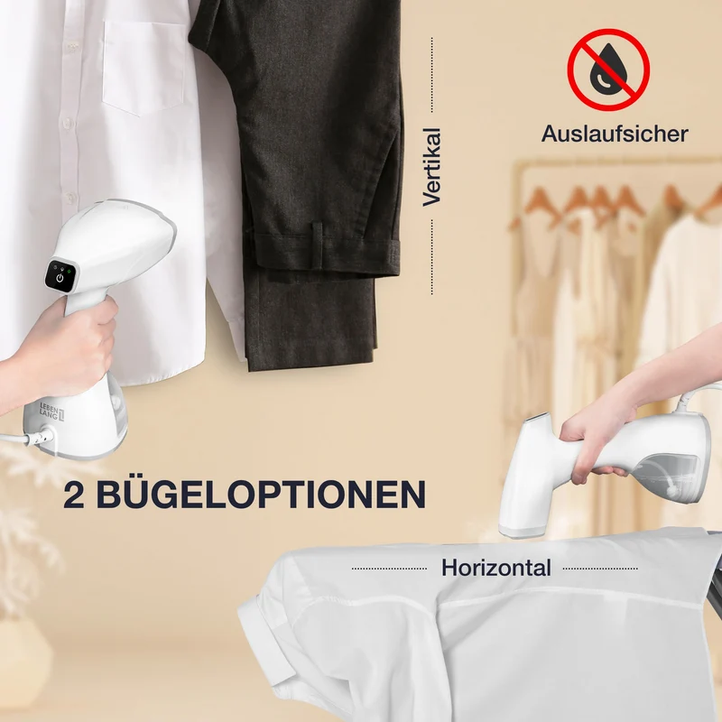 LEBENLANG Steamer Dampfglätter TESTSIEGER - 1500W & 300ml I Weiß
