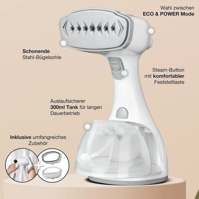 LEBENLANG Steamer Dampfglätter TESTSIEGER - 1500W & 300ml I Weiß