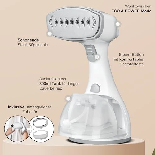 LEBENLANG Steamer Dampfglätter TESTSIEGER - 1500W & 300ml I Weiß