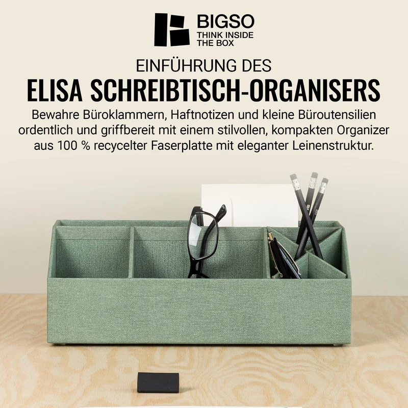BIGSO ELISA Schreibtisch Organizer – Aufbewahrungsbox mit 4 Fächern – Schreibtischablage für Zettel, Büroklammern, Stifte & Kleinteile – Sortierkasten aus Faserplatte und Papier – mintgrün