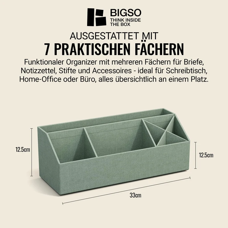 BIGSO ELISA Schreibtisch Organizer – Aufbewahrungsbox mit 4 Fächern – Schreibtischablage für Zettel, Büroklammern, Stifte & Kleinteile – Sortierkasten aus Faserplatte und Papier – mintgrün