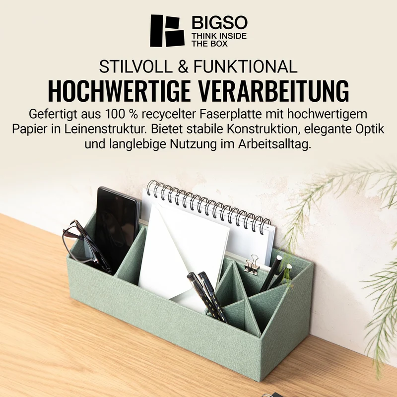BIGSO ELISA Schreibtisch Organizer – Aufbewahrungsbox mit 4 Fächern – Schreibtischablage für Zettel, Büroklammern, Stifte & Kleinteile – Sortierkasten aus Faserplatte und Papier – mintgrün
