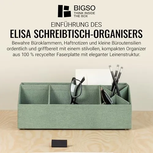 BIGSO ELISA Schreibtisch Organizer – Aufbewahrungsbox mit 4 Fächern – Schreibtischablage für Zettel, Büroklammern, Stifte & Kleinteile – Sortierkasten aus Faserplatte und Papier – mintgrün