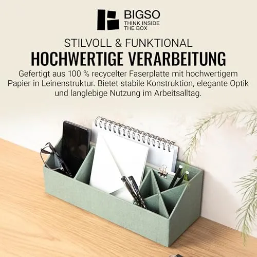 BIGSO ELISA Schreibtisch Organizer – Aufbewahrungsbox mit 4 Fächern – Schreibtischablage für Zettel, Büroklammern, Stifte & Kleinteile – Sortierkasten aus Faserplatte und Papier – mintgrün