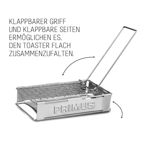 Primus Camping Toaster für Gaskocher - 17x14 cm - 186 g - Edelstahl - Klappbarer Griff und Seiten – Flach zusammenfalten - Kleiner Toaster für Camping und Gasherd