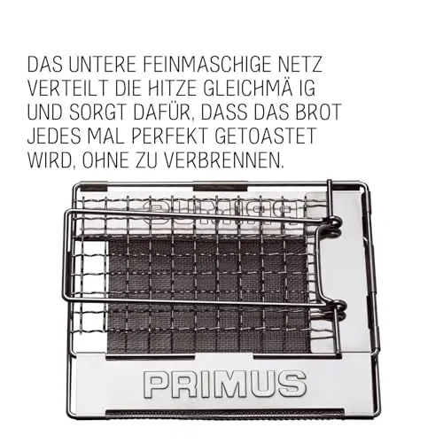 Primus Camping Toaster für Gaskocher - 17x14 cm - 186 g - Edelstahl - Klappbarer Griff und Seiten – Flach zusammenfalten - Kleiner Toaster für Camping und Gasherd