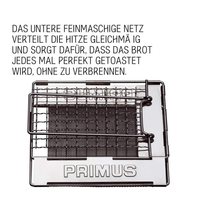 Primus Camping Toaster für Gaskocher - 17x14 cm - 186 g - Edelstahl - Klappbarer Griff und Seiten – Flach zusammenfalten - Kleiner Toaster für Camping und Gasherd