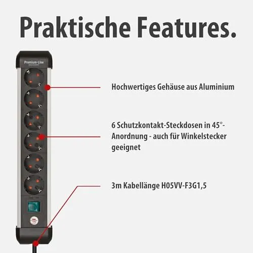 Brennenstuhl Premium-Alu-Line Steckdosenleiste 6-Fach, 3m