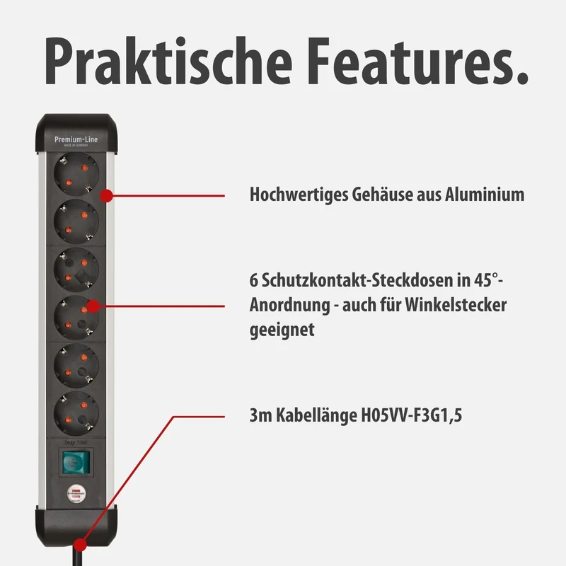 Brennenstuhl Premium-Alu-Line Steckdosenleiste 6-Fach, 3m
