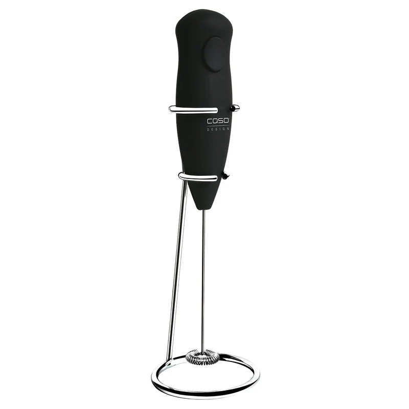 Caso Fomini Milchaufschäumer, mit Edelstahlfeder & Edelstahl-Standfuß, für schnelles Aufschäumen von Milch & Milchshakes, ca. 12.000 Umdrehungen/min, Edelstahl, Schwarz