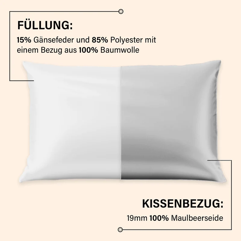 Serenity Night - Premium Collection - 1 Kissen mit 1 Kissenbezug aus 100% Maulbeerseide, mit Paspelierung, Perlmuttknöpfen und Federfüllung, 40 x 80 cm, Perlmutt