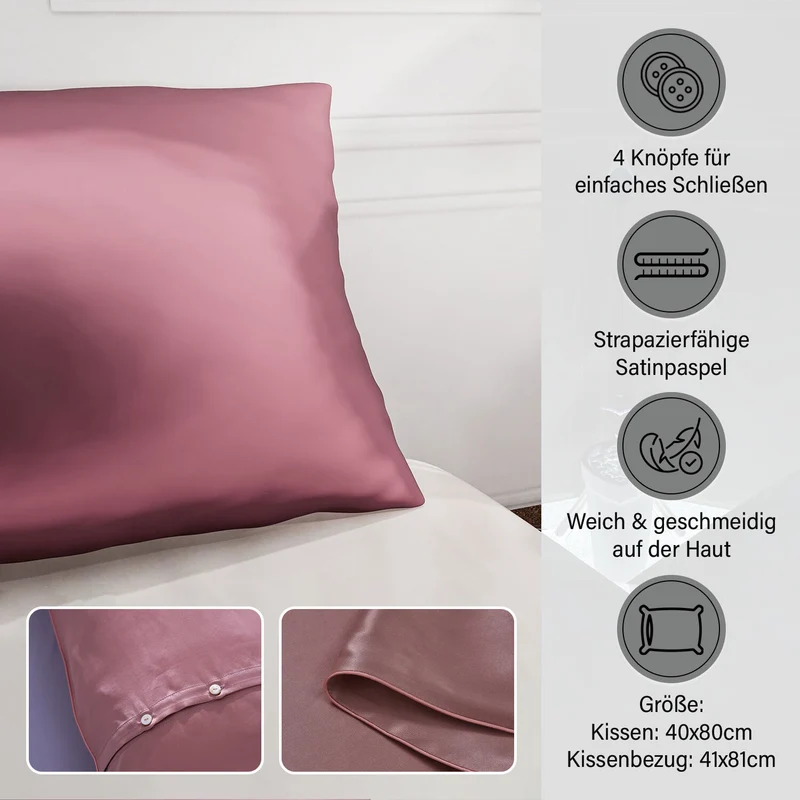 Serenity Night - Premium Collection - 1 Kissen mit 1 Kissenbezug aus 100% Maulbeerseide, mit Paspelierung, Perlmuttknöpfen und Federfüllung, 40 x 80 cm, Perlmutt