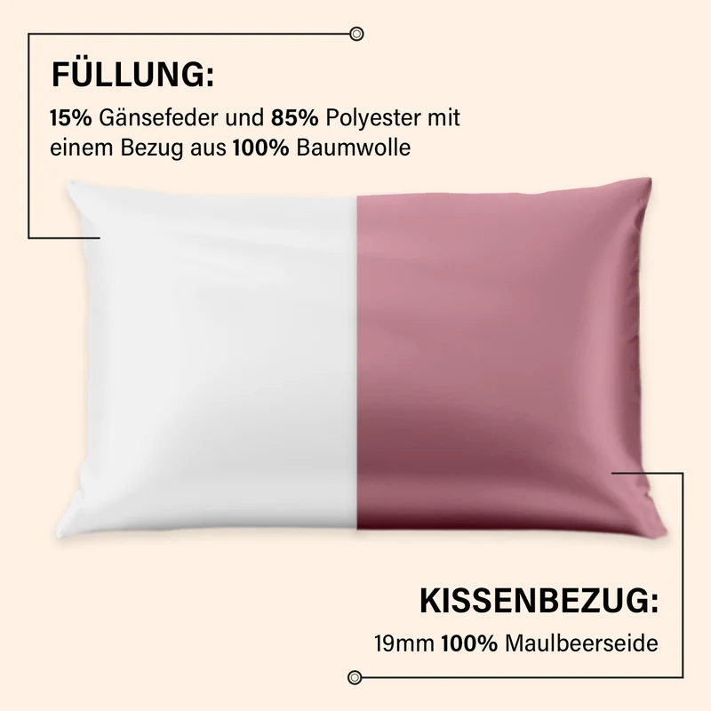 Serenity Night - Premium Collection - 1 Kissen mit 1 Kissenbezug aus 100% Maulbeerseide, mit Paspelierung, Perlmuttknöpfen und Federfüllung, 40 x 80 cm, Perlmutt