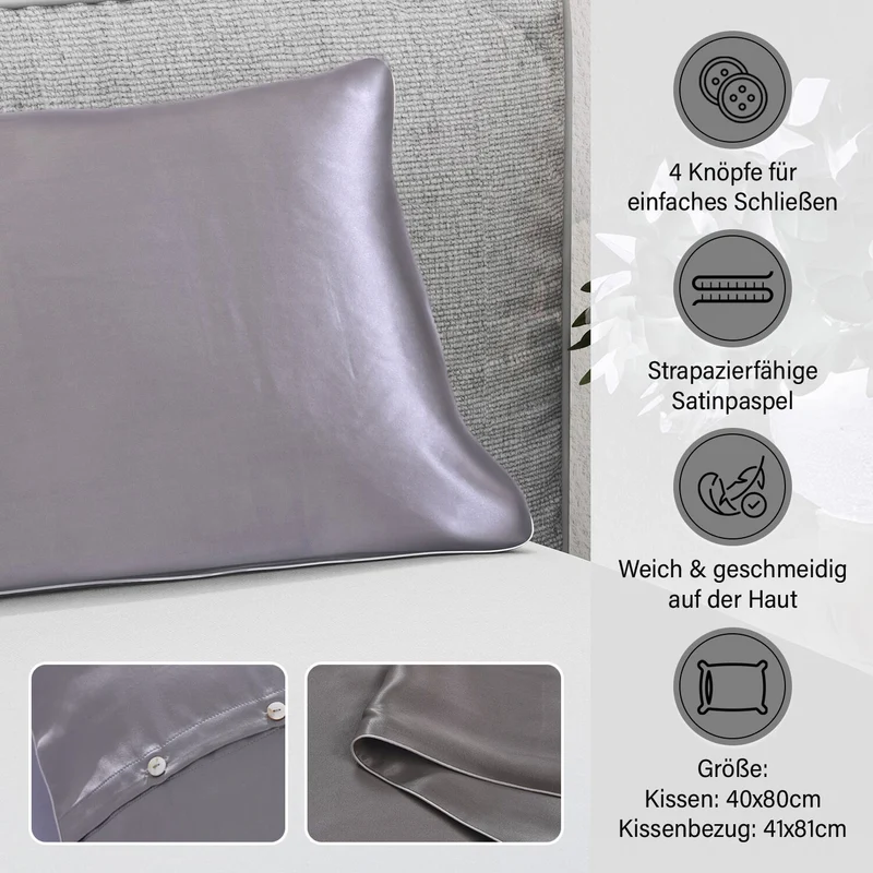 Serenity Night - Premium Collection - 1 Kissen mit 1 Kissenbezug aus 100% Maulbeerseide, mit Paspelierung, Perlmuttknöpfen und Federfüllung, 40 x 80 cm, Perlmutt