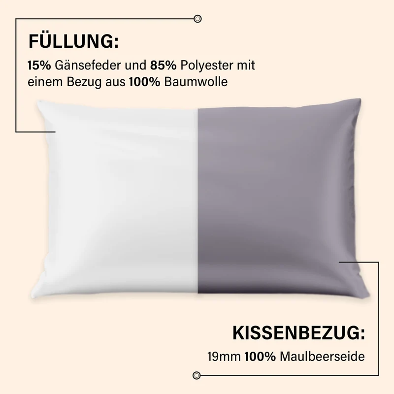 Serenity Night - Premium Collection - 1 Kissen mit 1 Kissenbezug aus 100% Maulbeerseide, mit Paspelierung, Perlmuttknöpfen und Federfüllung, 40 x 80 cm, Perlmutt