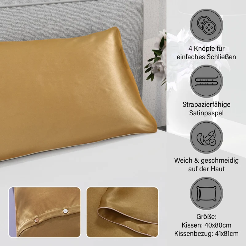 Serenity Night - Premium Collection - 1 Kissen mit 1 Kissenbezug aus 100% Maulbeerseide, mit Paspelierung, Perlmuttknöpfen und Federfüllung, 40 x 80 cm, Perlmutt
