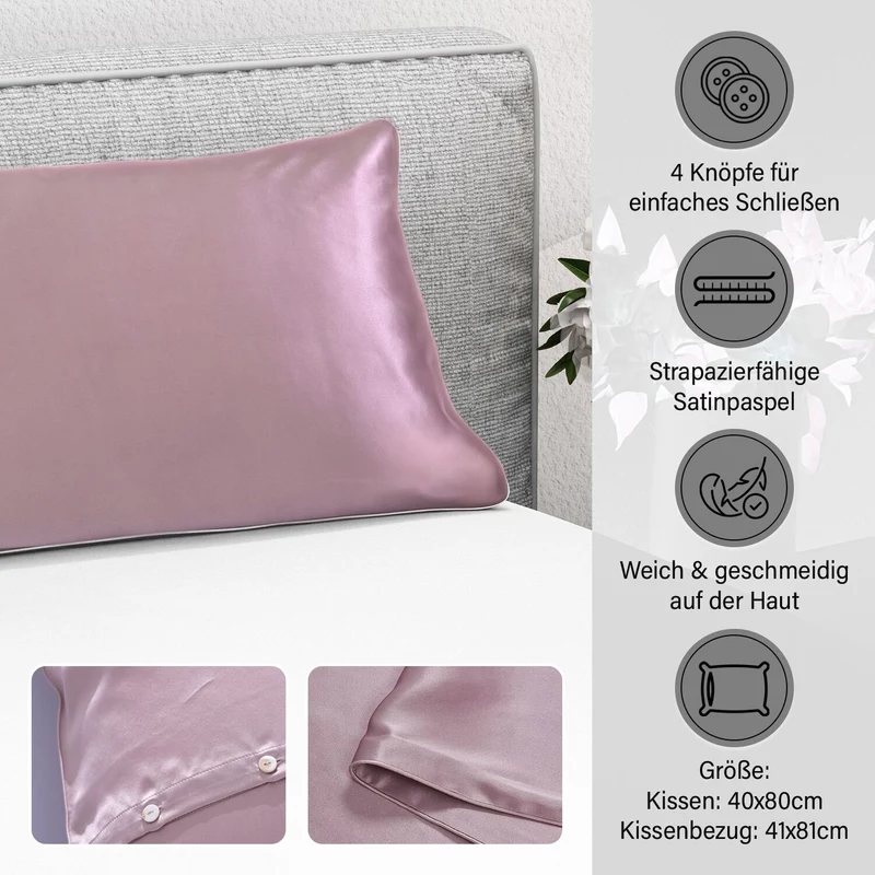 Serenity Night - Premium Collection - 1 Kissen mit 1 Kissenbezug aus 100% Maulbeerseide, mit Paspelierung, Perlmuttknöpfen und Federfüllung, 40 x 80 cm, Perlmutt