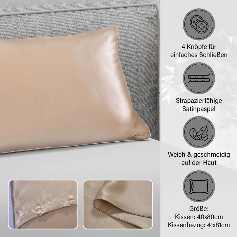 Serenity Night - Premium Collection - 1 Kissen mit 1 Kissenbezug aus 100% Maulbeerseide, mit Paspelierung, Perlmuttknöpfen und Federfüllung, 40 x 80 cm, Perlmutt