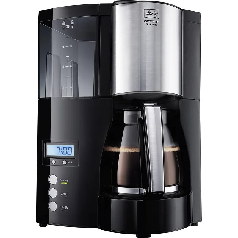 Melitta Optima Timer – Filterkaffeemaschine mit Glaskanne, entnehmbarem Wassertank und Timer-Funktion, für bis zu 8 Tassen Kaffee, in Schwarz/Edelstahl