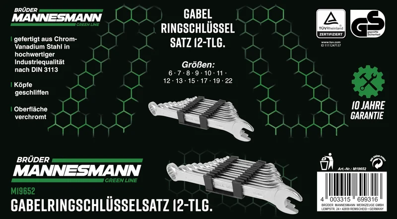 Brüder Mannesmann Gabelringschlüssel Set, 12-teilig - Gabelschlüsselsatz nach DIN 3113 - verchromter Satz Ring-Maulschlüssel mit polierten Köpfen, aus Chrom-Vanadium-Stahl - 6 bis 22 mm | M19652
