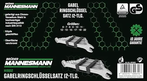 Brüder Mannesmann Gabelringschlüssel Set, 12-teilig - Gabelschlüsselsatz nach DIN 3113 - verchromter Satz Ring-Maulschlüssel mit polierten Köpfen, aus Chrom-Vanadium-Stahl - 6 bis 22 mm | M19652