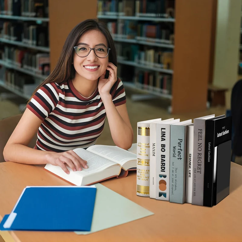 8 Stück Schwarze Buchstützen, extra groß & verstärkt Bücherstütze