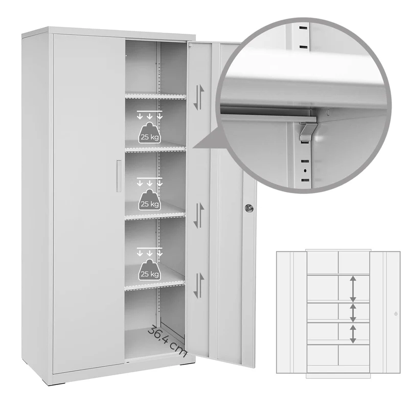 SONGMICS Aktenschrank, Doppeltüren, Schloss, 5 Ebenen, 80 x 40 x 180 cm