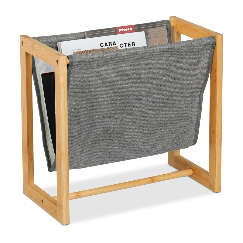 Relaxdays Zeitschriftenhalter, Bambus & Stoff, HBT: 37 x 39,5 x 21 cm, A4, Magazinhalter, Zeitungshalter, Natur/grau