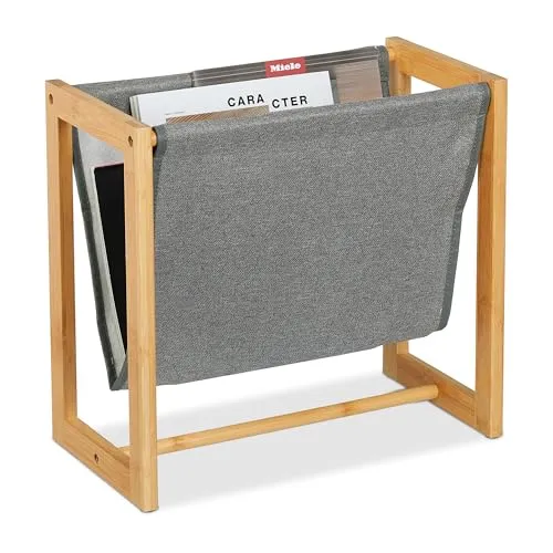 Relaxdays Zeitschriftenhalter, Bambus & Stoff, HBT: 37 x 39,5 x 21 cm, A4, Magazinhalter, Zeitungshalter, Natur/grau