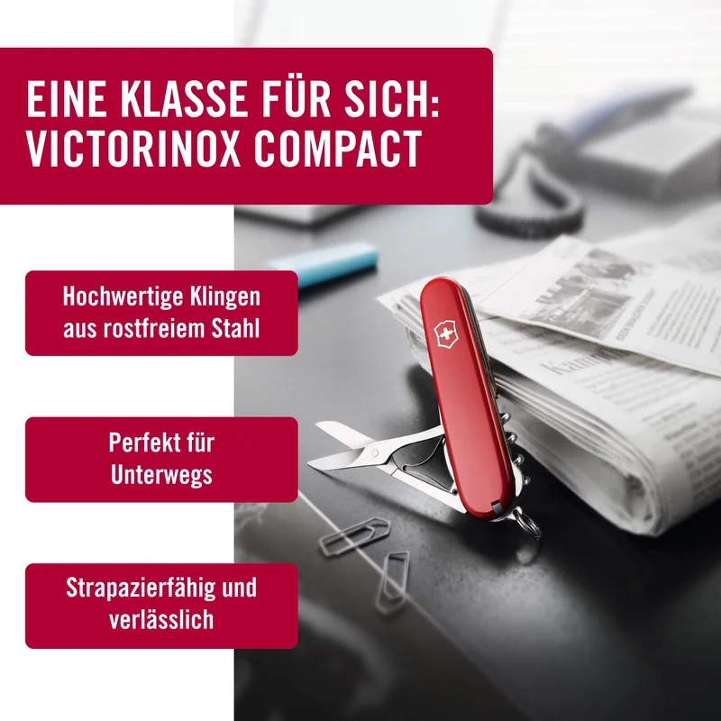 Victorinox Schweizer Taschenmesser Compact, 15 Funktionen, Swiss Made, Multitool Inkl. Klinge, Mini-Schraubendreher, Kapselheber, Rot